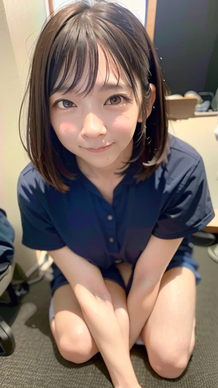 (Surreal Realism), (Awareness-raising), (High resolution), (8k), (Very detailed), (The best Awareness-raisingns), (Beautiful fine details), (highest quality), (Super detailed), (masterpiece), (wallpaper), (Detailed face), (Beautiful smile)、(Beautiful expression)、short hair、Bangs with earrings、Side bangs、solo、((Baby Face))、((topless))(((topless)))、 (((small-breasted)))、((Dark blue pleated skirt))(Black knee-high socks:1.2)、 (((Attractive body)))、Slender body、Seductive Pose:1.4、Looking into the camera、School classroom、((Place your hands on the desk))、((A look that captivates the audience:1.3))Spread your legs wide,Drooling,race,panties,Cleavage