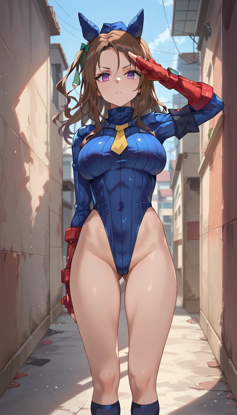 ultra-detailed, Explicit, Beautiful body, Beautiful Nose, Beautiful character design, perfect eyes, perfect face, ultra highres, 4K, beautiful legs, perfect legs, perfect anatomy, Nice hands, Perfect hand, Masterpiece, Best Quality, Highly detailed, illustration, absurdres, street fighter, doll suit, shadaloo doll, dollsuit, girls, multiple girls, expressionless, blank eyes, looking at viewer, red gloves, emotionless, black latex, corrution, mind control, female combatant, full body, hypnotized, unhappy trance, full body suit, ribbed bodysuit, both arms at side, obey, perfect female body, extremely glossy latex, hypnosis, hypnoLora, empty eyes, Mind control device, poses, submissive_pose, Slave, hat, necktie, stand up straight, standing, standing at attention, hat, necktie, belt, latex, ribbed bodysuit, thigh-highs, garter belt, Fighting Stance, military, thigh boots, extending the right arm from the shoulder into the air with a straightened hand, nazi saluting, military saluting, salute, Kumiko Oumae, Sound! Euphonium, brown hair, medium hair, amber eyes