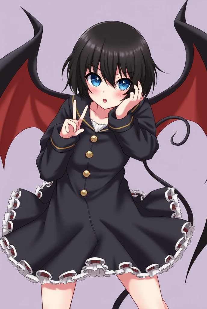 Splash art, cute demon girl, demon wings, cute blue summer dress, (perfect hands), looking to viewer, standing on wooden table, with a baby, stunning beauty, [[chibi]], close-up, muted colors, deep shadows, trending on Pixiv, 4k