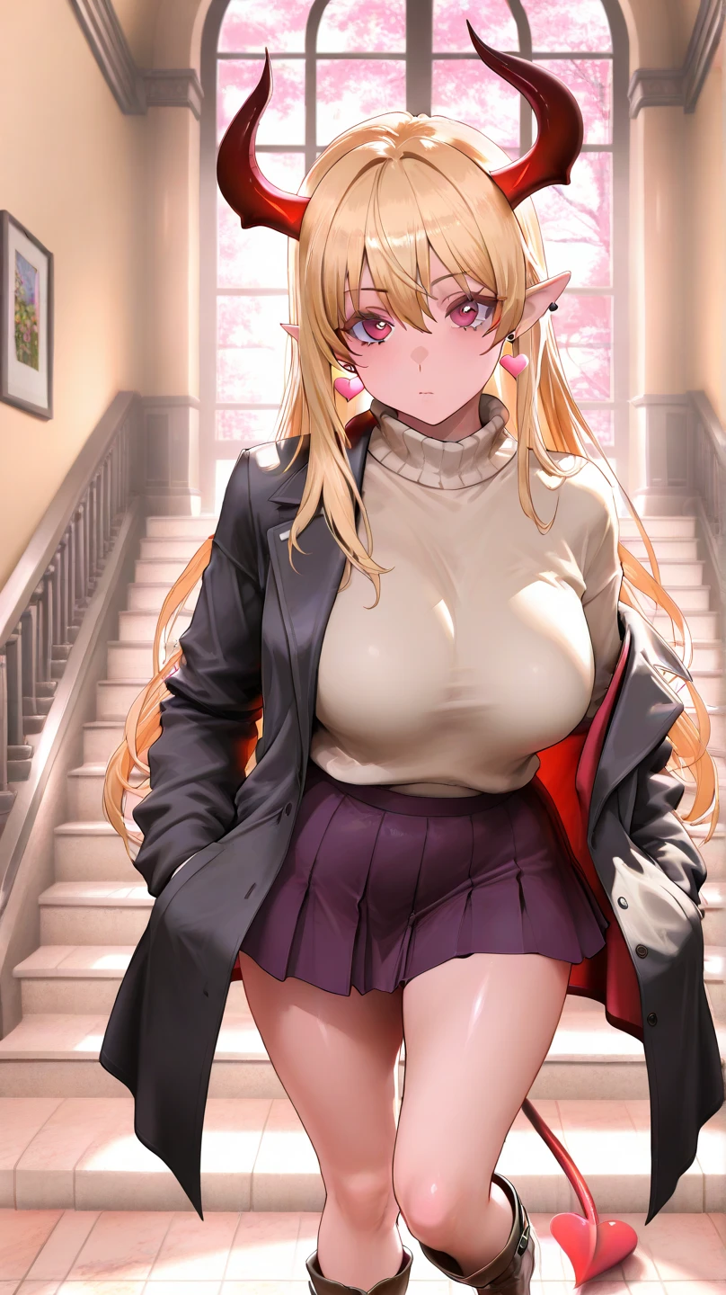 (best quality, ultra-detailed, photorealistic: 1.39), bright and vibrant colors, studio lighting, romantic expression, An effeminate girl, with a delicate and beautiful face. Beautiful and adult woman with her create a female sensual character twilight blonder hair matches the makeup, her green eyes and mischievous red parted lips, with her large seductive breasts, cleavage, blonder hair, voluminous breasts, voluminous breasts, Turtleneck, sleeveless sweater, black sweater, plaid pleated skirt, striped thigh-high socks, created a seductive woman with large breasts seduces. She have a horny face, like a manwha character, chain details, walking in leaning pose in the hallway of the haunted apartment, seductive cleavage, manga style, anime features manga style, fully body
