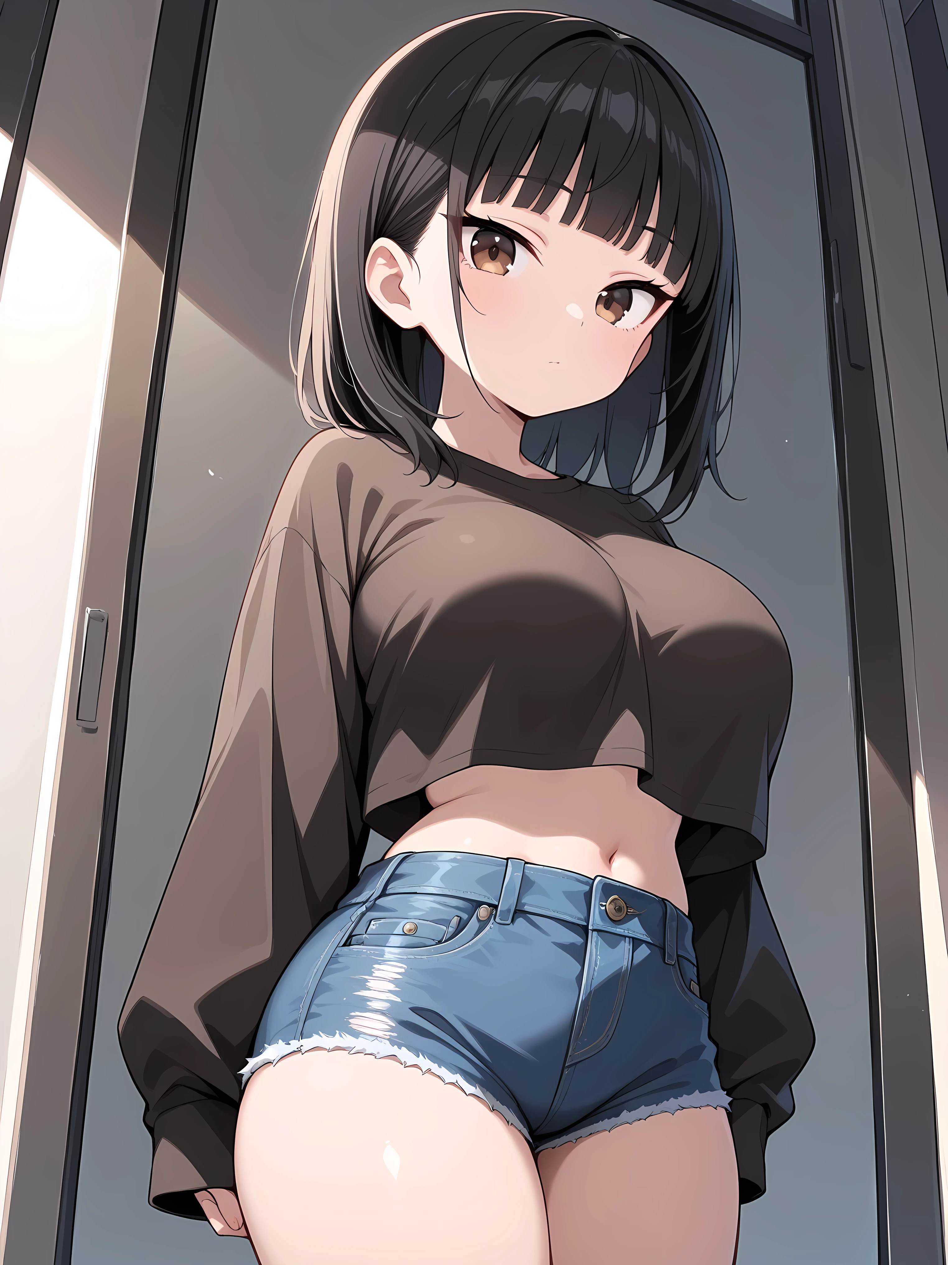 Ram Invaders, Big Breasts, Wet, Sweat, Highest quality, Ultra-high resolution, Maximum resolution, Super detailed, anime, end, girl, very cute, Medium Hair, Black Hair, Hair Ribbon, hairpin, Colored eyes, Short shorts,  