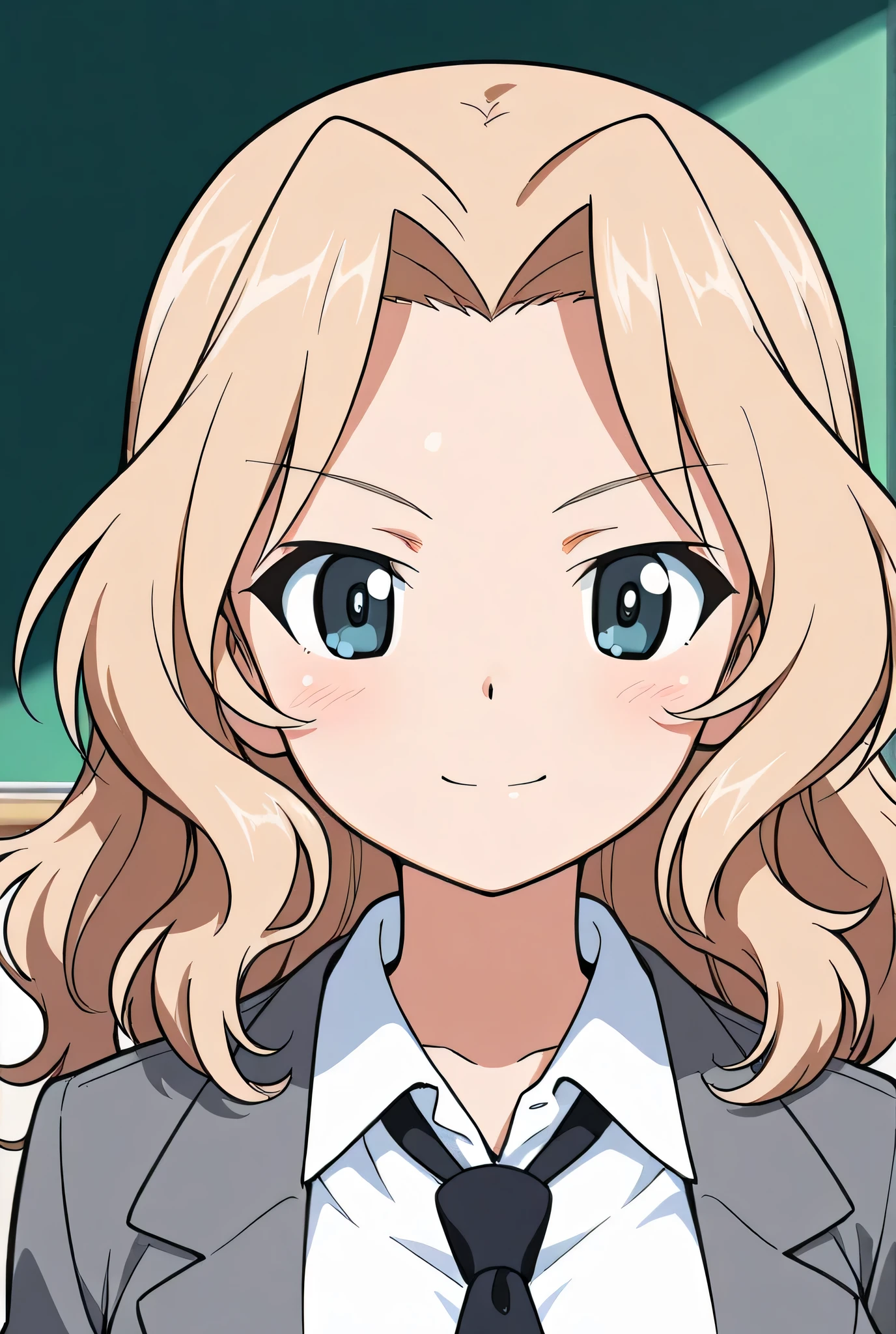 kay \(girls und panzer\),saunders school uniform,black tie,classroom,face focus,front view,looking at viewer,