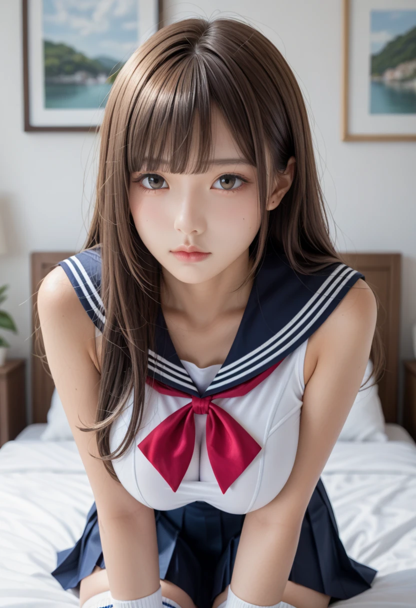 (8k, RAW photo, best quality, masterpiece, soft cinematic lighting, soft color:1.4),(POV,from above:-0.0),(from below,ceiling:-0.0),( looking at camera:1.5),(beautiful eyes focus,Close-up beautiful eyes:1.5), (realistic:1.2), (dark old japanese room,yukaku,flower picture background:1.6), (solo, mature woman,19years old,super beautiful face,super detaild beautiful eyes :1.5), (sailor uniform,low-cut miniskirt:1.3),(show off nipple:0.5), (embarrassed,red Cheeks:1.25),long hair, {{slicked back hair}}, white blonde color hair, clean skin, (smaller butt:0.5),(coverd nipple:0.8),(sagging huge long wide heavy breasts,puffy areola:1.5),(under boob:1.7), (thick, curvy:1.3),(very skinny:1.5),(temptation pose:1.7),(open mouth:1.1),(kneeling:-0.0),