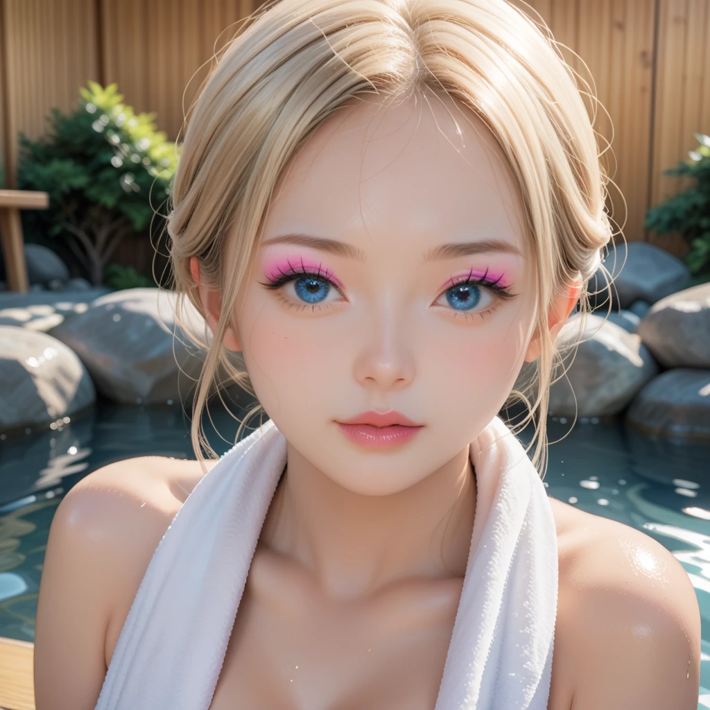 1 very slim girl, blonde, german, ((a lot of pubic hair)), happy, small earrings, flower in hair, white skin, tiny, wavy hair, nude, full body, squat, very detailed body, very detailed face, very small chest, small ass, thin waist, seductive smile, impressive pose, shiny skin (detailed eyebrows), beautiful eyes, realistic skin, detailed face, ultra-realistic, sharp and highly detailed focus, pool