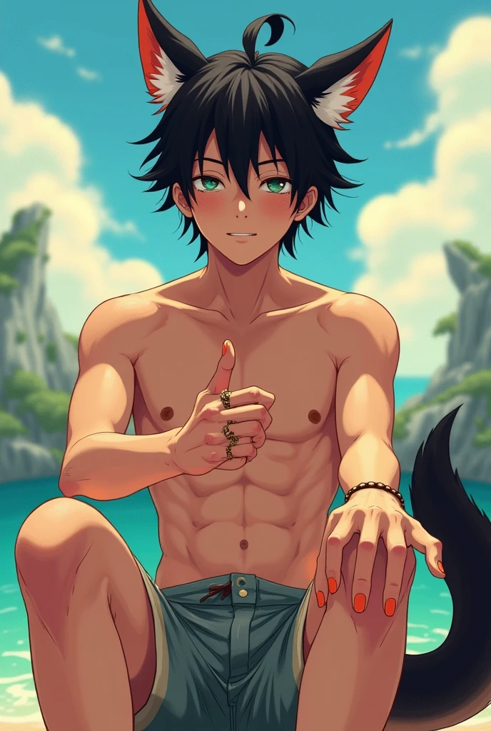 top quality, best quality, High-quality illustrations, masterpiece, detailed background, 12-Year-Old-Boy, youg boy, shota, Black cat boy, Sleeveless hoodie, Body, (Showing armpit:1.4), Slim body, Slim stomach, Beach, cute, handsome, Happy, joyful, Sweat, Blush, (highly detailed beautiful face and eyes)perfect anatomy(kemono, furry anthro)