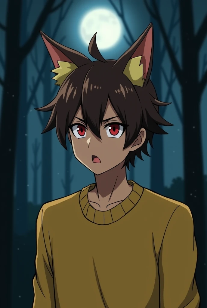 A creature that looks like a short boy, with red, spiked hair , slim face bright eyes , big teeth , brunette skin , shirtless and with torn shorts in the forest at night 