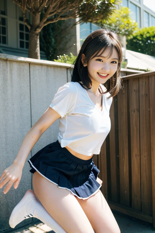 8K,masterpiece,Japanese,,from the front,smile,cute,Innocent face,Innocent,Kind eyes,Childish,(Plain T-shirt,Short sleeve,Blue checked short skirt),semi-long,Hair blowing in the wind,Black Hair,Somewhat strong wind,noon,bright,Gravure idol pose, (Large Breasts:1.2),(Emphasize the chest:1.2)