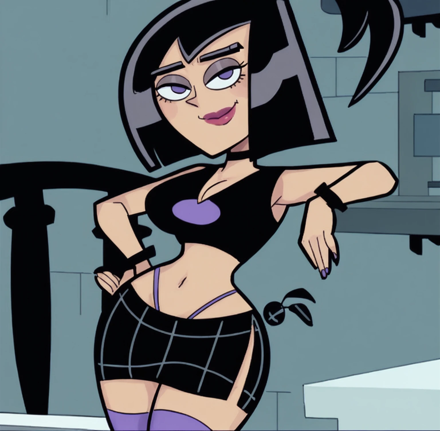 Flat color, solo, full body, A Sexy 18 year old stepmother wearing short navy shorts. Black stockings,(([ short white tee shirt, perfect small breasts, cleavage, showing underboob])) (([perfect body])), perfect face, beautiful, masterpiece,  highly detailed, barefoot,sit tied to a chair,
 solo, looking at viewer, very sexy seductive smile,
([Vanessa( :0)Hudgens|avi love|Emma( :0)Watson]:0.85), hands behind back,
((([Dark grey background])))
BREAK
score_9, score_8_up, score_7_up, score_6_up  
xvision style,