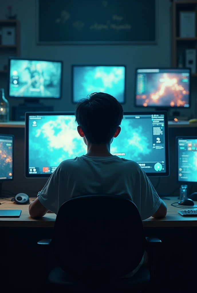 The poster features a bright image of a white school boy, displaying excitement and anticipation. The child holds a joystick of a computer game and looks at the monitor, where the icons of various stages of game development are visible. smartphone photo, left or right side view, close up view