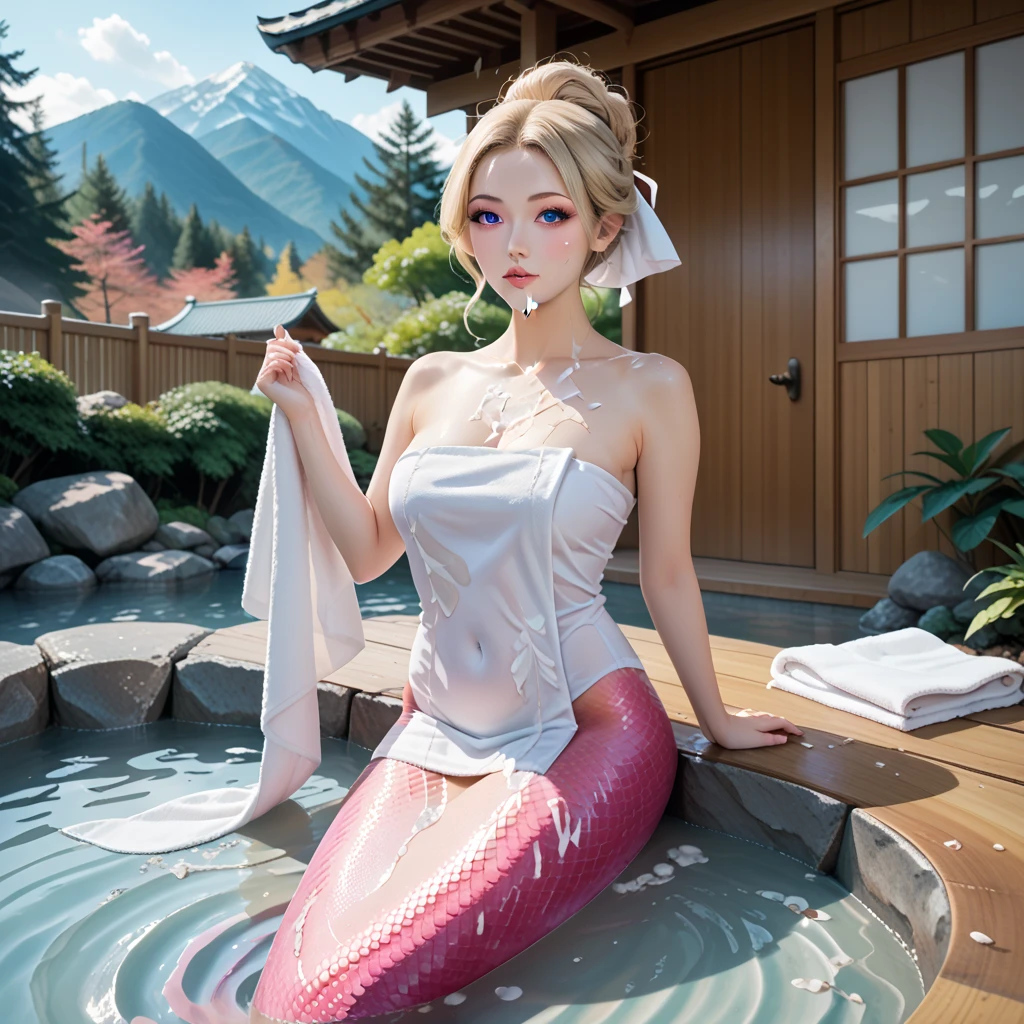 Hyper-realistic portrait of amazing Korean kpop idol with white braided ponytail, Full sleeve koi fish tattoo and red lips, usando um vestido justo todo preto sem mangas em meio a uma paisagem deslumbrante de flores de cerejeira. Capturado com Canon R5, mola a 200mm, sharp focus and shooting in RAW format. A fotografia apresenta um rosto intrincado, fotorrealista e altamente detalhado em qualidade HD de 8k.