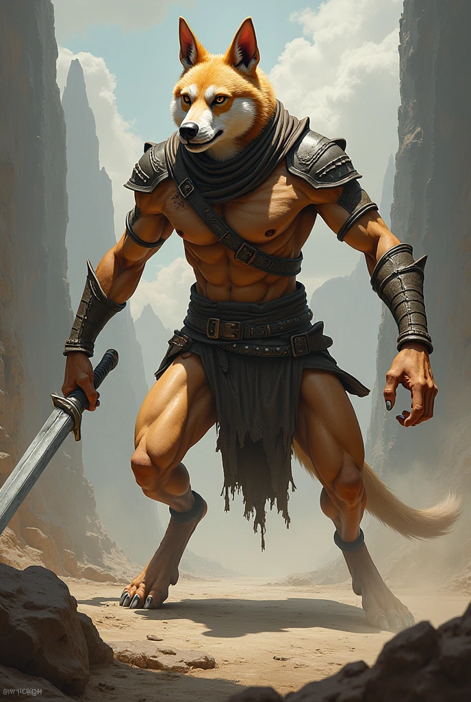 Solo Sexy anthro furry wolf male; ancient Mediterranean desert warrior; slim mesomorph handsome model apperance apperance; boy's messy short hair headband; sexy toned muscules; sword scars; worn out rusty sexy skimpy armament. He has low on hips heavy leather studded heavy belt. he has narrow in the crotch very old worn out jockstrap (smelly jockstrap fetish); His jockstrap it is made of old white linen material sewn together from a few pieces, it has never been washed, it is dirty and has stains from secretions of dried semen and sweat; His armor is old heavy brown harness with armlets studded with spikes; he has old brown leather BFR Bands on Biceps and his thighs, he has old worn out fingerless leather gloves. Even though he is a handsome and sexy man, he has a sloppy appearance, has disheveled unwashed dirty fur, dirty body look. He stands proudly bravely with one foot on a higher stone in the Mediterranean sunny pine forest; he has a proud, threatening and defiant expression on his face, with little dirty dangerous smile;