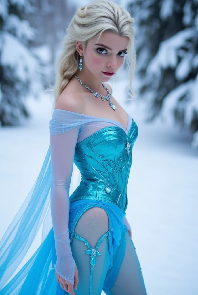 Queen Elsa open thighs, ,frozen,white pamties, Long white braid,blue frozen slit dress,shoot from below,white transparent cloak,
