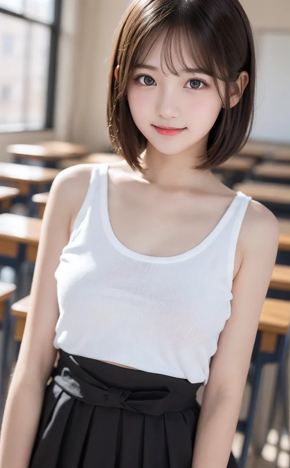 top-quality,masterpiece, Sayuddev, Full body, hi-school girl, beautiful a girl, Short bob hair, high-school uniform, White blouses, Short pleated skirt, White panties, plump big breasts, Constricted waist, Open legs, Smile, blush, Outdoors, Daytime, Detailed and complex background, Blue sky, skyporn,gaze at the audience, Sitting on the stairs, chee, Moody,