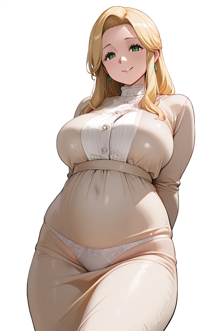masterpiece, highest quality, High resolution, One girl, sexual intercourse, Pornographic images, short hair, etsukoto, brown Eyes, fine grain, fine grain, (((Thick thighs, Plump thighs, Voluptuous thighs, Thighs alone are enough))), Huge and ample breasts, Cleavage, big long breasts, Naughty big,((big breasts are important))、((Naughty thighs)), L Cup, (thin:1.4),(Tight waist:1.4),  (yellow dress:1.4), ((white waist apron)), white panties, anguish, open mouth, blush, (((Simple Background))), ((Wide Hips)), Shiny, Oily skin, Mature mother, Calf, Seductive mature woman, Perfect body, Plus Size Model, curvy, ample, etsukoto, blush, clavicle, retro artstyle, 1990s (style), (thick thighs:1.4), bursting thigh, ((pov)), (((panty shot))), from below, looking down, spread legs,
