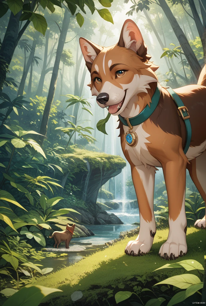 personalamistyle, score_9, score_8_up, score_7_up,  score_6_up, score_5_up, score_4_up, source_furry, fleetFox, sitting on log, forest, looking at viewer, smile, bow (weapon), paws, holding bread, food, eating bread