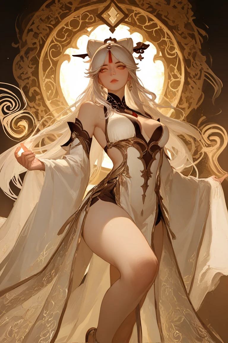 ((best quality)), ((masterpiece)), (detailed), 1girl, Character design, NSFW, scholarly female, scholar, female scholar, educator, teacher, fortune teller, palm reader, holding a large chalice, carrying a large chalice, chalice,astrology, astrological symbolism, star reading, celestrial theme, heavens, heavens above, constellations, blood magic, blood mage, dynamic poses, long white grey hair, grey white eyes, very skinny, detailed, best quality, no accesoires around the neck, no shoes, prominent collarbones, skinny arms, flat stomach, visible hip bones, full body, blank white background, plain background, white background, red and white clothing, Bloodborne inspired, occult aesthetic, occult, detailed and intricate steampunk and detailed gothic, NSFW, Fluttering lace flared long knee length dress with frilly petticoats, knee length dress, pleated petticoats, petticoats gothic, complex lace boots, gothic aesthetic, wielding a mighty sword with mechanical components, mandalas, small breasts, a fairy, various different types of insect wings, bug wings, beetle wings, NSFW, full body, whole body, body, chains,