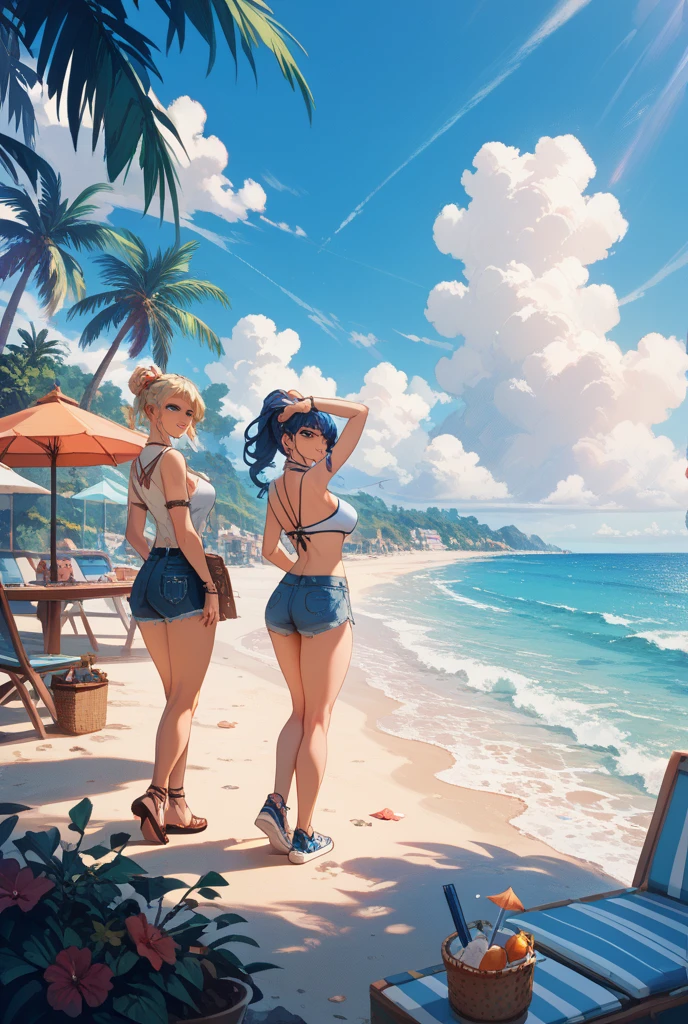 ((2girls:1.3)), ((moe style:1.3)), full body, ((beach:1.3)), cruise ship deck, golfing, ((perfect face)), ((extremely cute:1.3)), ((masterpiece:1.3)), ((8k)), ((best quality:1.3)), ((beautiful)), ((extremely detailed:1.3)) , ((absurdres)), AddXL, ((score_9:1.3)), ((score_8_up:1.3)), ((score_7_up:1.3))