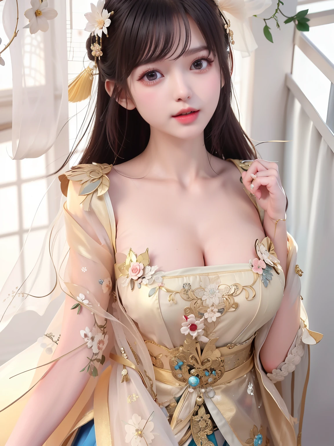 8k RAW photo、Photorealsitic、Film grain noise、Soft Cinematic Lights、One girl、Fine detailed face、length hair、ample boobs、Graceful pose、Clothing with intricate details、cleavage of the breast、ssmile
