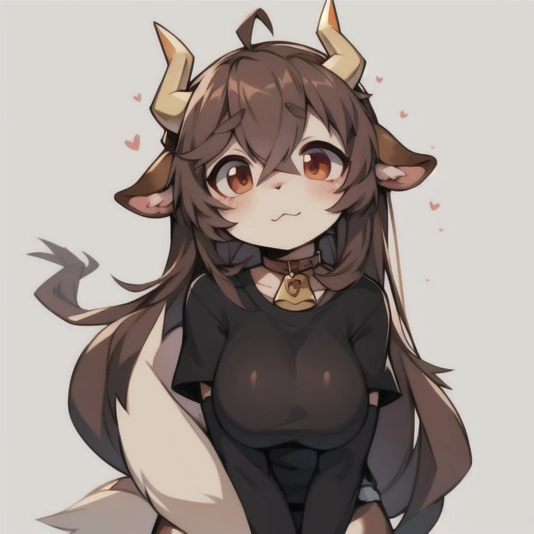 A girl with brown hair And brown eyes White horns and Dragon tail Fluffy white Confused blush in cow costume