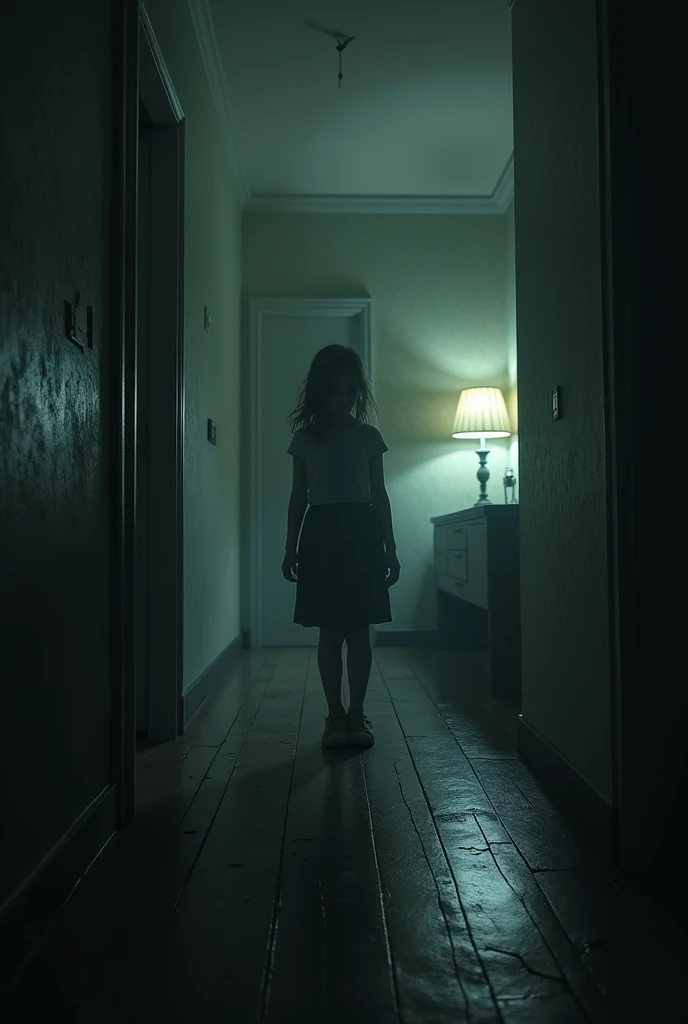 Very realistic image of a little white girl who is hearing very strange noises in her room and is very scared.
