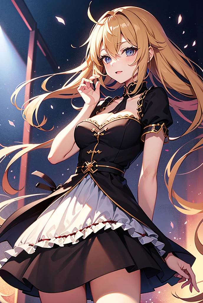 (obra prima)、qualidade superior、detalhes intrincados、(1 menina em)、(UM MILF)、(pele escura)、Esbian de corpo inteiro、uma loira、olhos cor-de-rosa、um sorriso、olho afiado、hair messy、Dancer Costumes、Roupas reveladoras、Kirira、palco、clivagem da mama、colorido、Hirahira、Dinamismo