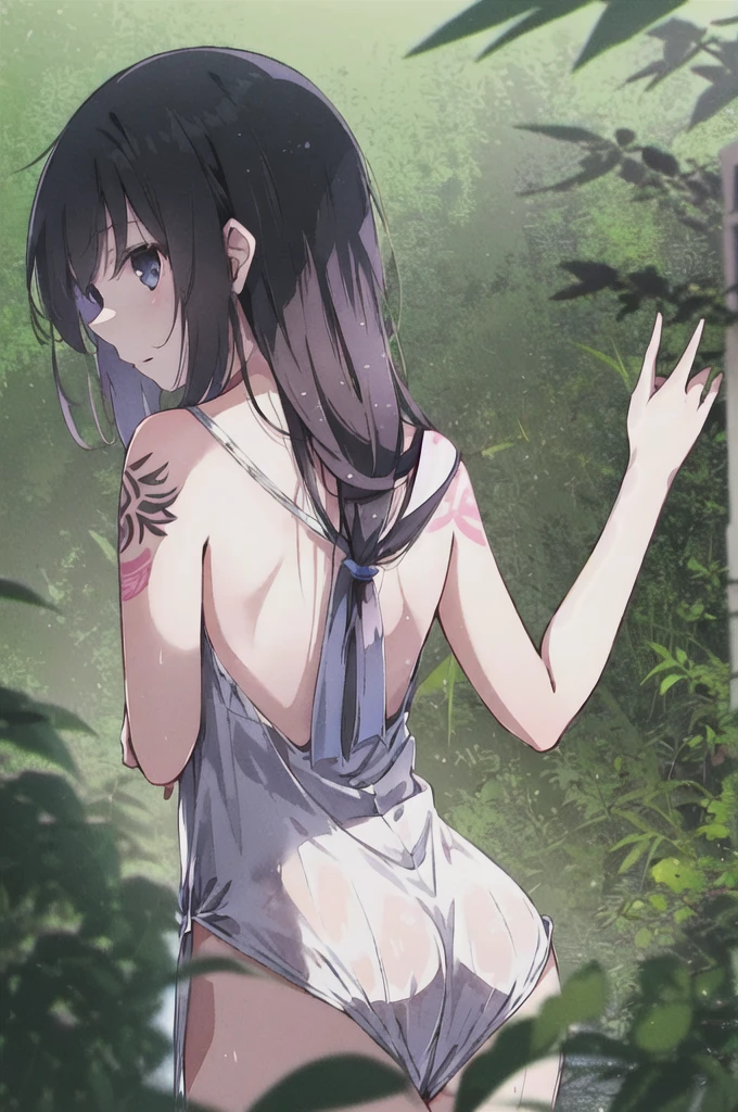 Naked 15 year old girl with mid sized tits chains to a tree in a forest full body up close facing the camera pose ing big tits and hairy pussy