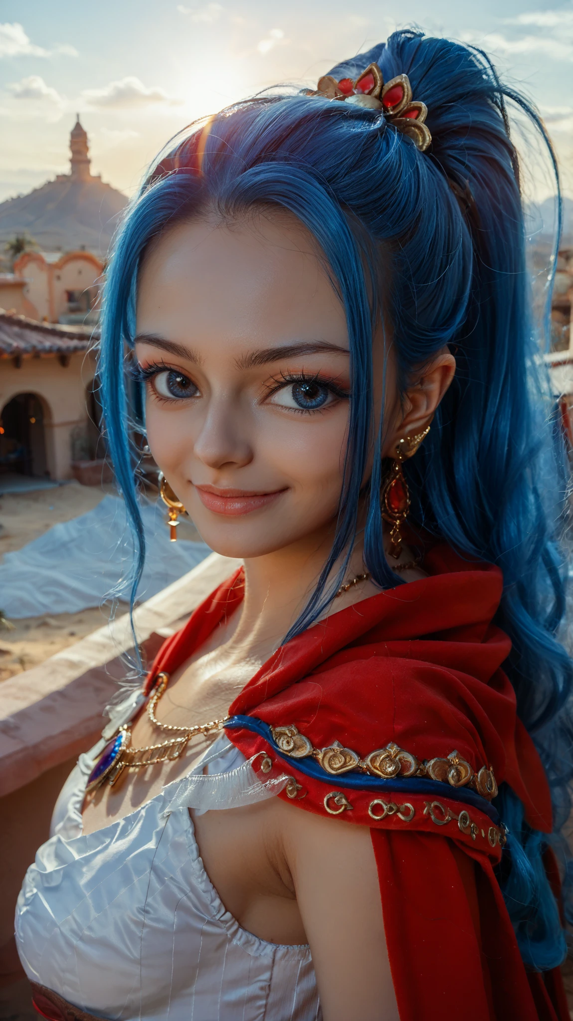 masterpiece, ((ultra detailed background, delicate pattern, intricate detail)), (highly detailed, fine details), best quality, beautiful lighting, (portrait), NefertariViviV3, 1girl, long hair, blue hair, solo, jewelry, earrings, ((red cape, white dress, simple dress)), ponytail, hair ornament, necklace, sky, blue eyes, complex detailed background, outside, sunny, desert town environment, buildings, town, market, hair lift, hands behind back, smile,
Asian, beautiful (25 years old), toned abdomen, charming, highly detailed, cosplay, Korean style