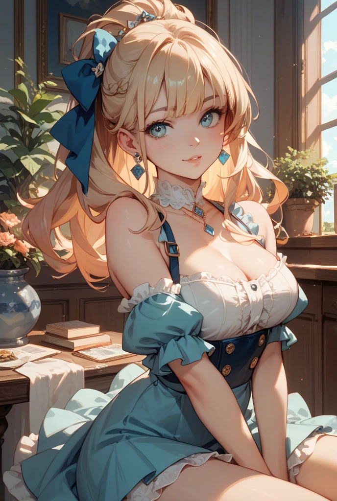(Best quality, 8k, 32k, Masterpiece, UHD,:1.2),RAW, human, 1girl,ultra cute , ultra cute, natural lighting, transparent shining eyes, 20yo, large breast ,femur, fair complexion , flushed face, ,Homemade Country Dress,long-sleeved dress in muted colors, Handmade apron for practicality and style, sturdy fabrics like cotton, Happily Smiling, ((wariza)), on sofa, emerald green, From the front and above, Closeup shot, Cleavage Cutout, blonde ponytail, arms between legs, emphasizing the Cleavage, breast shot