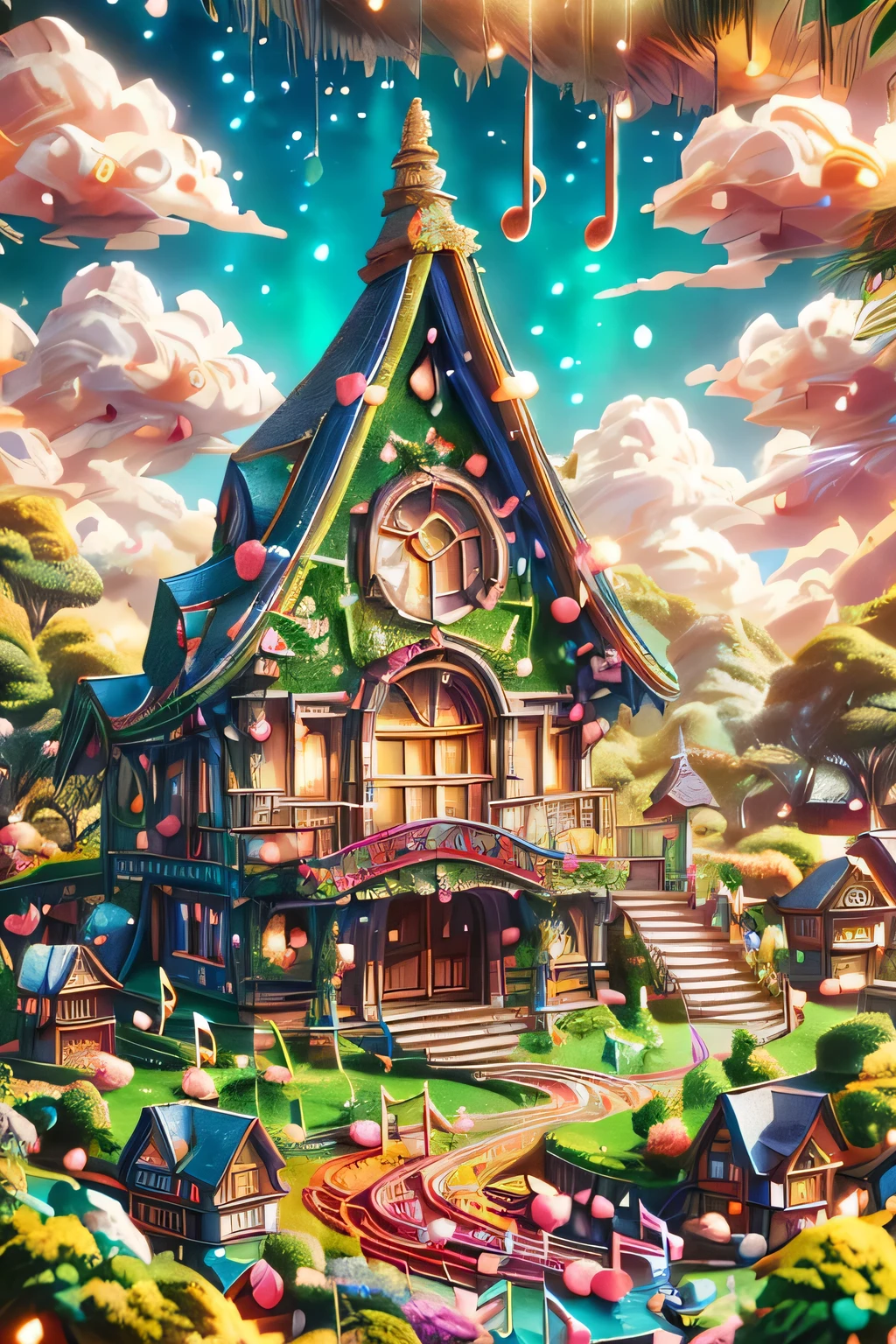 Fairytale_Town, fantasy townscape, many tiny buildings with moss-covered stone buildings, countless floating musical notes in the sky:1.7, soft golden sunlight bathing the scene, pastel clouds gently swirling, dreamlike and magical atmosphere, art nouveau architecture, Studio Ghibli-inspired, highly detailed, cinematic lighting, 4k