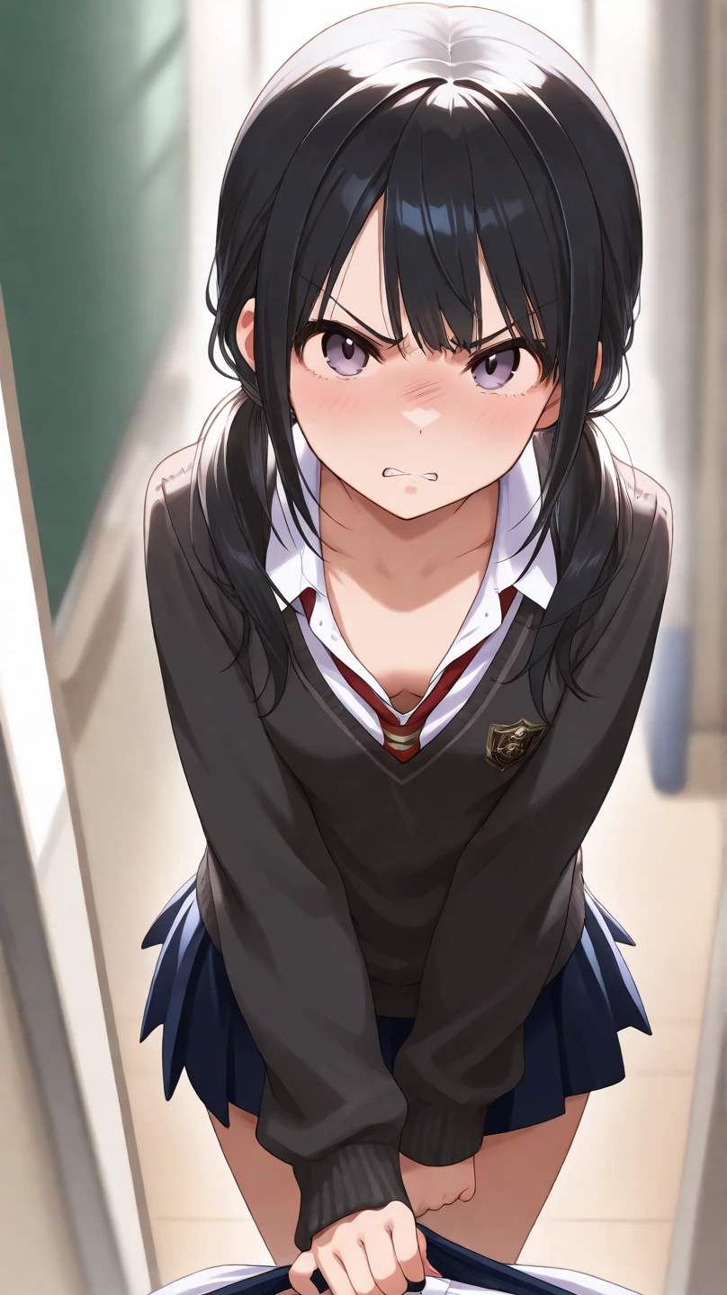 {1 female student}, nsfw, (((gangbang, 3boys))), ((Crying face)), Long black hair, mini skirt, (((cum)))