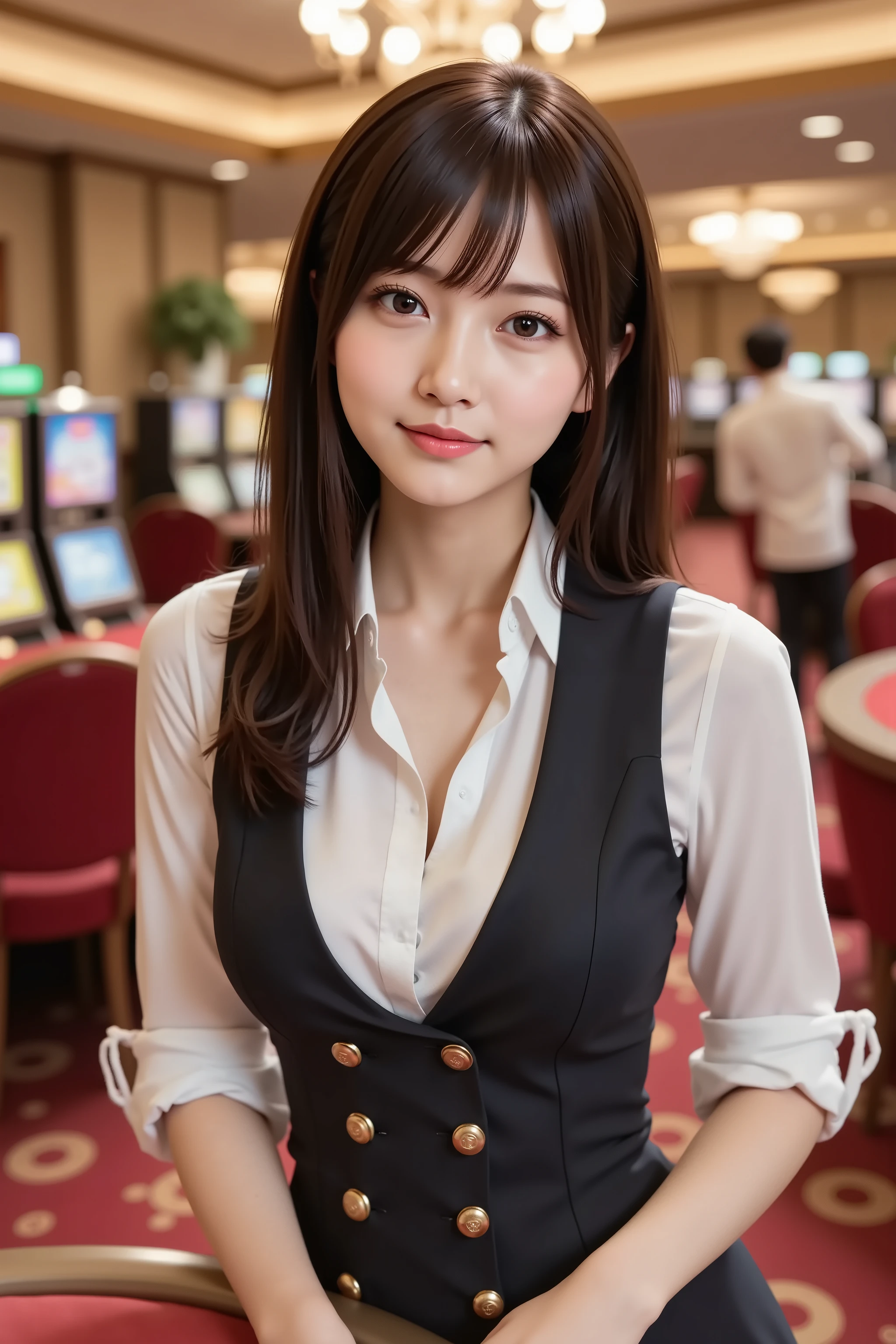 (highest quality, masterpiece:1.3, 超A high resolution), (Super detailed, Caustics), (Realistic:1.4,RAW shooting,)Ultra-Realistic Capture,Very detailed,High resolution 16k, Human skin close-up, The skin texture is natural, It must be detailed enough to be easily identifiable.。 Skin should look healthy and have an even tone。 Use natural light and color, ((Dark Blue Blazer:1.4)), ((The body is slim)), girl, Japanese, 18-year-old, cute, Long Hair, Big Breasts, smile, Turn your body forward, (View from the front:1.1), Looking into the camera,vision, focused on the chest, Light Brown Hair, ((Black choker)), Very long, bushy eyelashes, blue eyes, bangs、Luxury hotel lounge, Marble wall, sofa, ((Mushrooms on a tray, luxurious counter, Over the counter:1.4)), Big Breasts, Red Lip