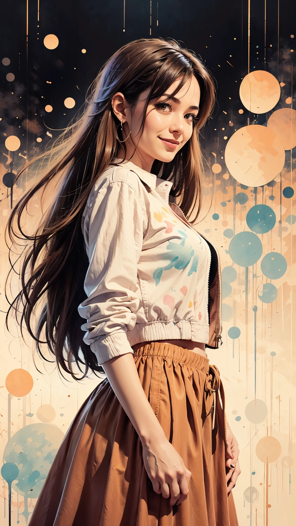 two-dimensional, national foundation, pastel colors, watercolor, line art, ankymoore, woman, alone, long hair, looking at the audience, long flowing skirt, brown hair, smiling, loose fit crop jacket, brown eyes, jewelry, Hearts in the air, view from below, standing on edge of a lineart illustration ink dripping background