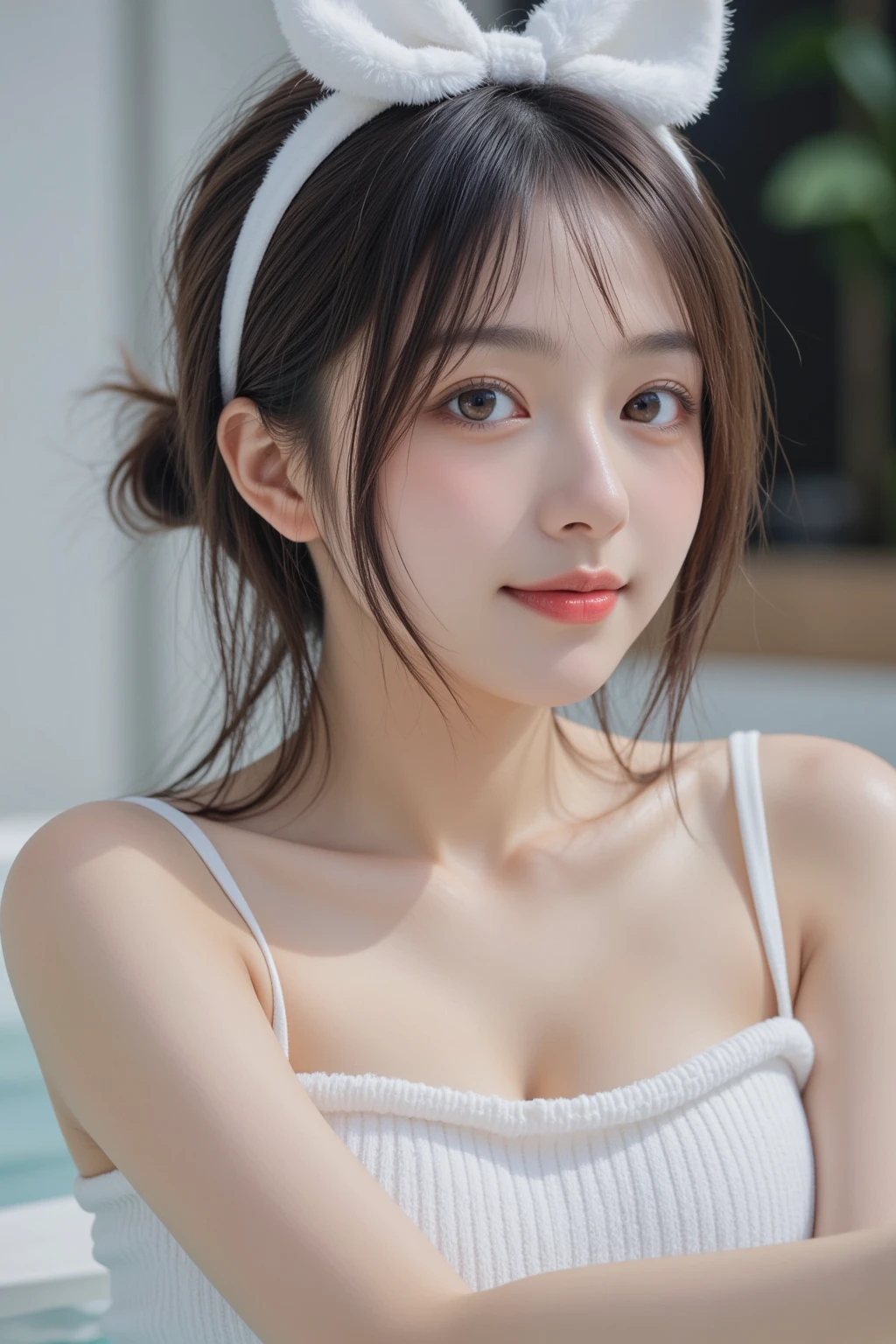 ((highest quality、Masterpiece、High resolution))、(((Zoom photo of upper body、Wet body、Wet Hair)))、(A shy smile:1.2)、One woman, aged 20、Beautiful Skin、Beautiful Eyes、Sailor suit、Trimmed bangs、On the bed