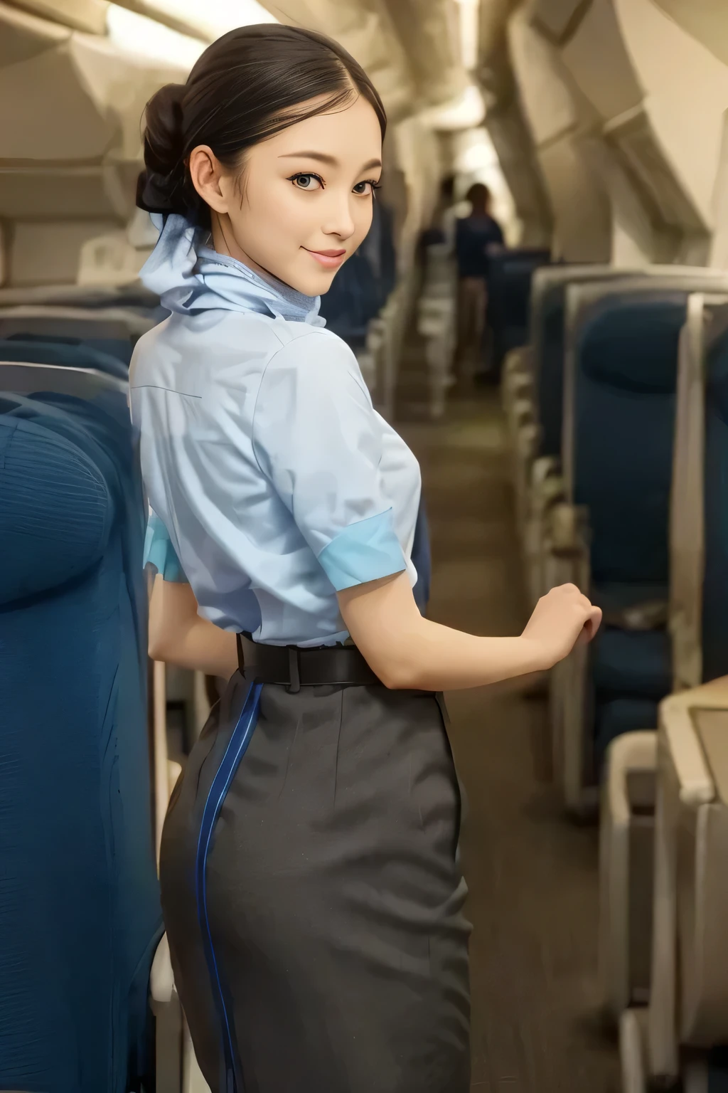 masterpiece:1.2、highest quality:1.2)、32K HDR、High resolution、(alone、1 girl、Slim figure)、(Realistic style wearing the ANA cabincrew uniform)、 (At the airport counter, Professional Lighting)、A proper woman, Beautiful Face,、(ANA cabincrew uniform)、(Short sleeve light blue blouse)、(ANA cabincrew uniform skirt)、(Scarf around the neck)、Big Breasts、(Long hair updo、Chignon)、Dark brown hair、Long Shot、((Fine hand:2.0))、((Harmonious body proportions:1.5))、((Normal limbs:2.0))、((Normal finger:2.0))、((Delicate eyes:2.0))、((Normal eyes:2.0)))、Beautiful back view、smile