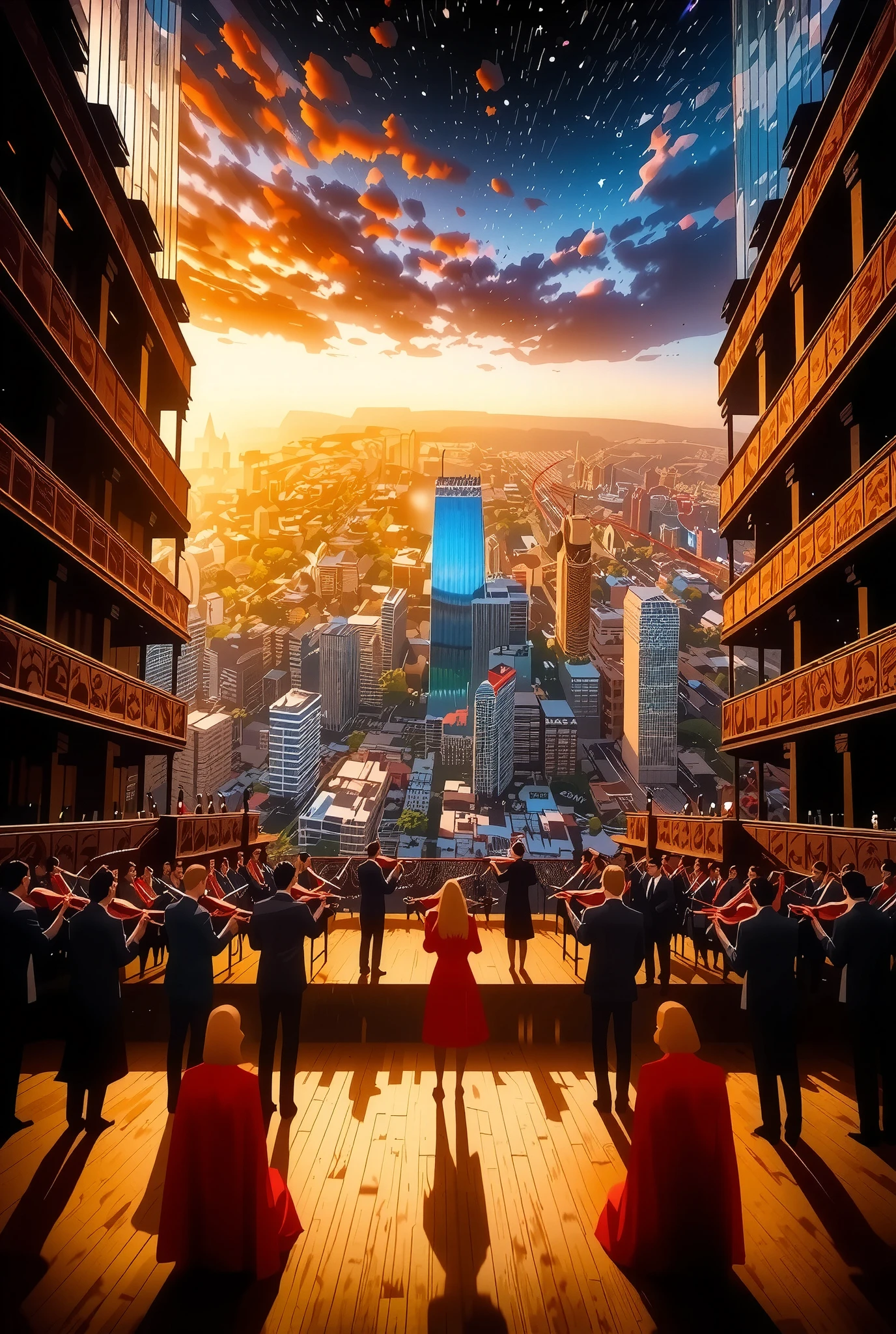 The sounds played by beautiful violinists form a baroque concert hall, The sound emitted from the instrument changes into musical notes and overflows through the city、The background where the whole town blends seamlessly into a concert hall,
changes the deep range to color and the city is played brightly., The spectacular image that creates a forest of music imparts emotion to what you see,
high resolution,4K,ultra-detailed,professional ,Vivid Colors,bokeh effect similar to,HDR,UHD,Studio Lighting,realistic,realistic,photorealistic,