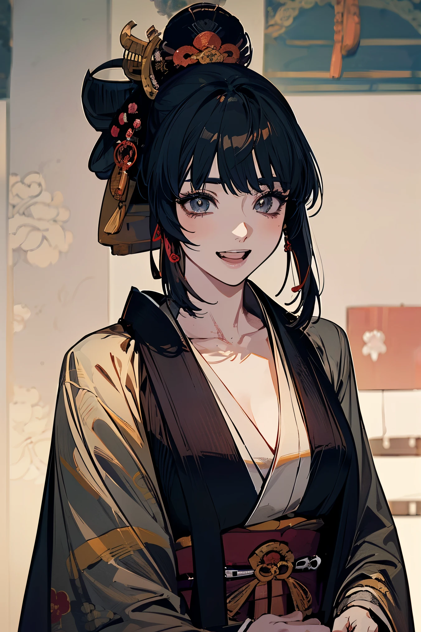 (high-quality, breathtaking),(expressive eyes, perfect face) ((yukata, cleavage, sexy lips)), 1girl, female, solo, young adult, black hair , black coloured eyes, stylised hair, gentle smile, medium length hair, loose hair, hair between eyes, japanese clothing, demon slayer art style