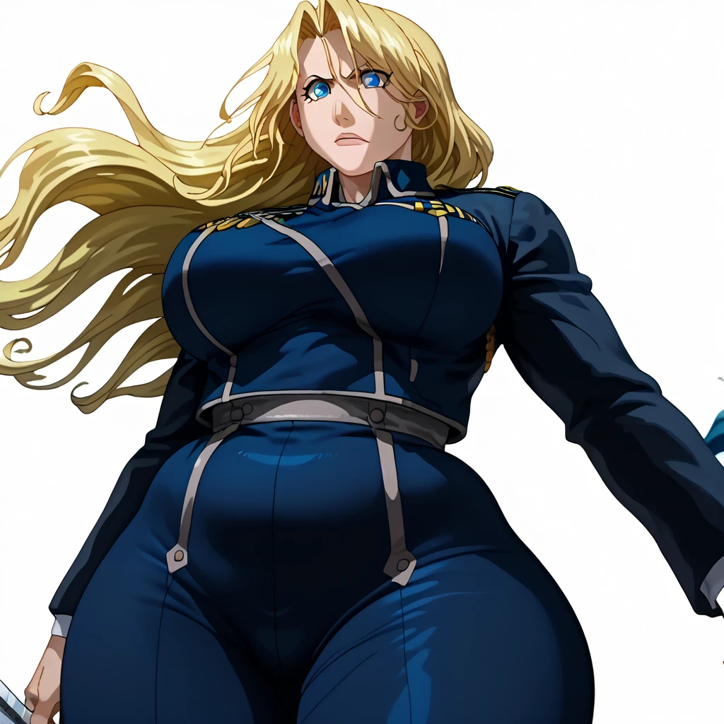 a drawing of a woman with blonde hair and blue eyes, thick, , tsunade from naruto, 3/4 bust, Android 18, asuka suit under clothes!, demon slayer rui fanart, shaded cell!!!, she has a round belly, fat and wavy, shaded cell adult animation, Physicist : the smallest abdomen ever seen, huge breasts