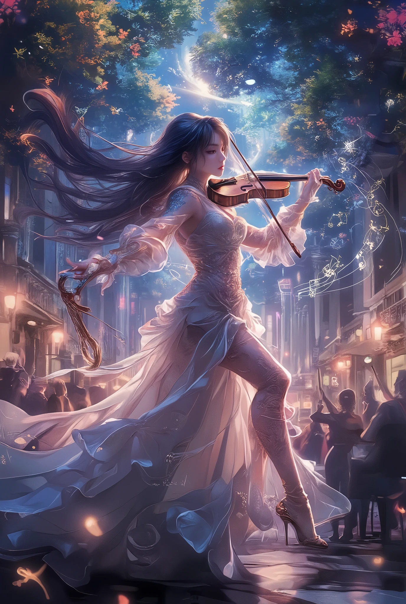 The sounds played by beautiful violinists form a baroque concert hall, The sound emitted from the instrument changes into musical notes and overflows through the city、The background where the whole town blends seamlessly into a concert hall,
changes the deep range to color and the city is played brightly., The spectacular image that creates a forest of music imparts emotion to what you see,