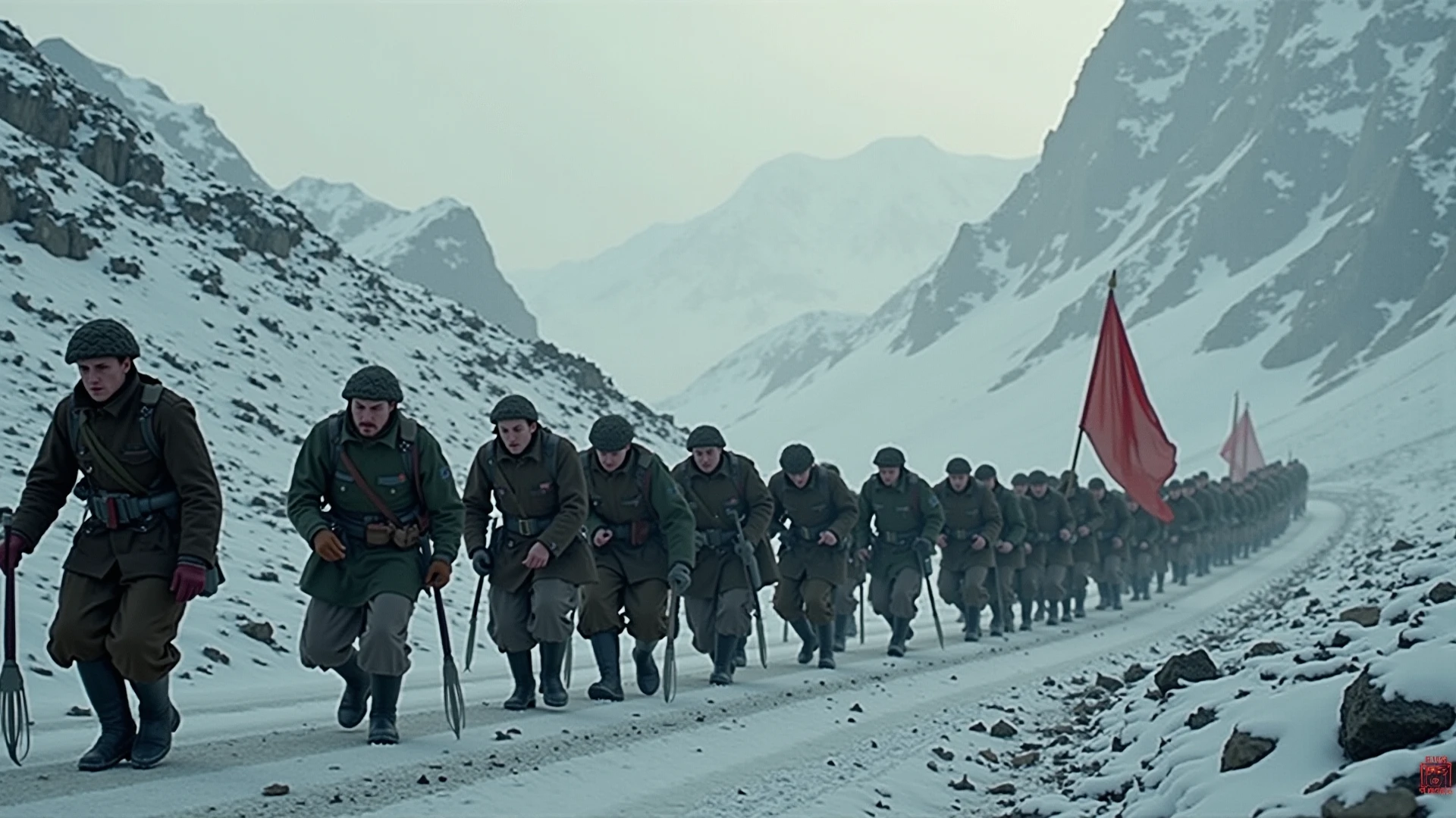 soldiers marching down a street with a mountain in the background, soldiers running, soldiers, several soldiers, wartime footage, soldiers charging in, world war ii military style, soldiers charging the enemy, american soldiers invaded mars, colourised, war movie scene, screenshot from a movie, ww2 era, film still dnd, still from the film, shot from movie