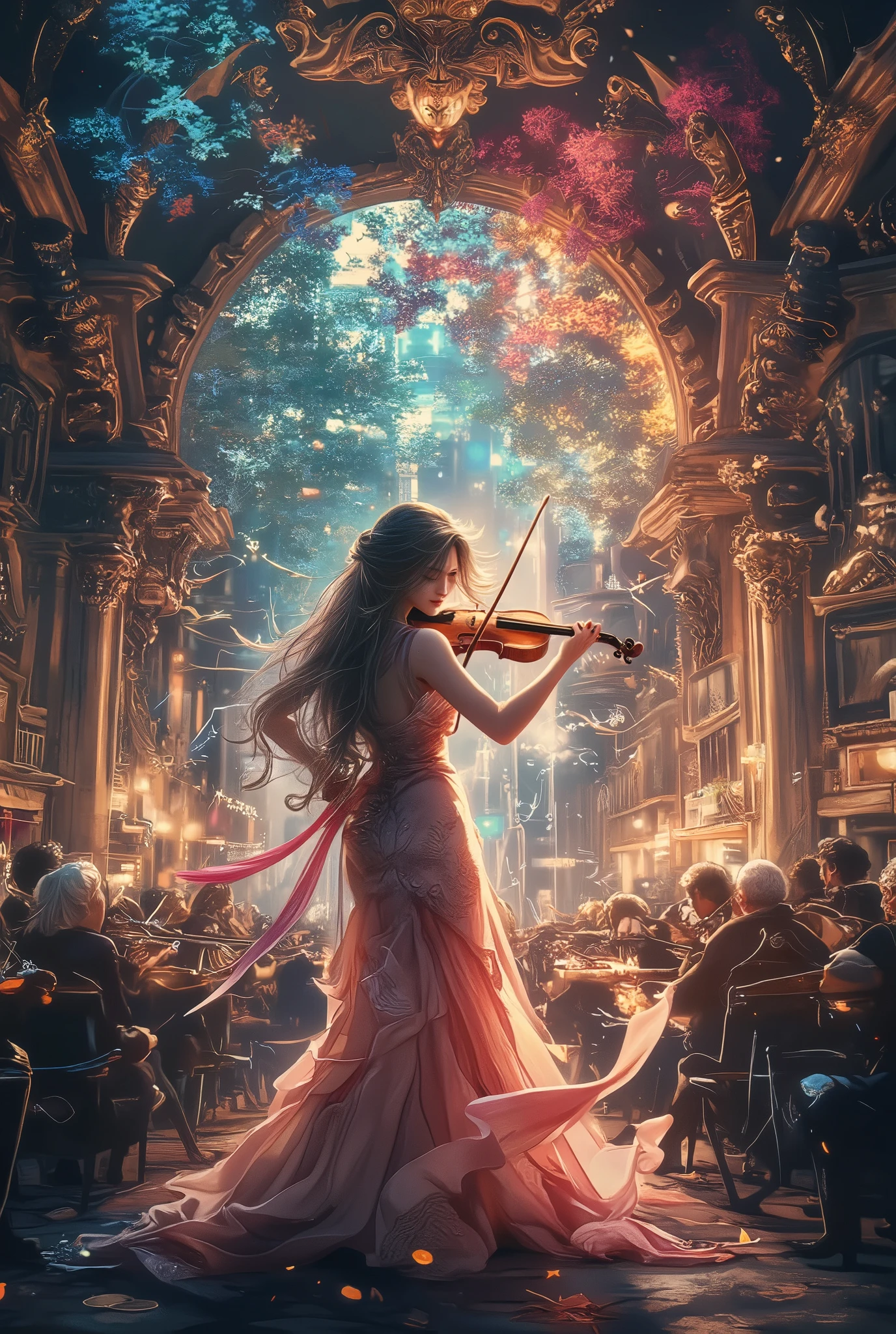 The sounds played by beautiful violinists form a baroque concert hall, The sound emitted from the instrument changes into musical notes and overflows through the city、The background where the whole town blends seamlessly into a concert hall, 
changes the deep range to color and the city is played brightly., The spectacular image that creates a forest of music imparts emotion to what you see, 