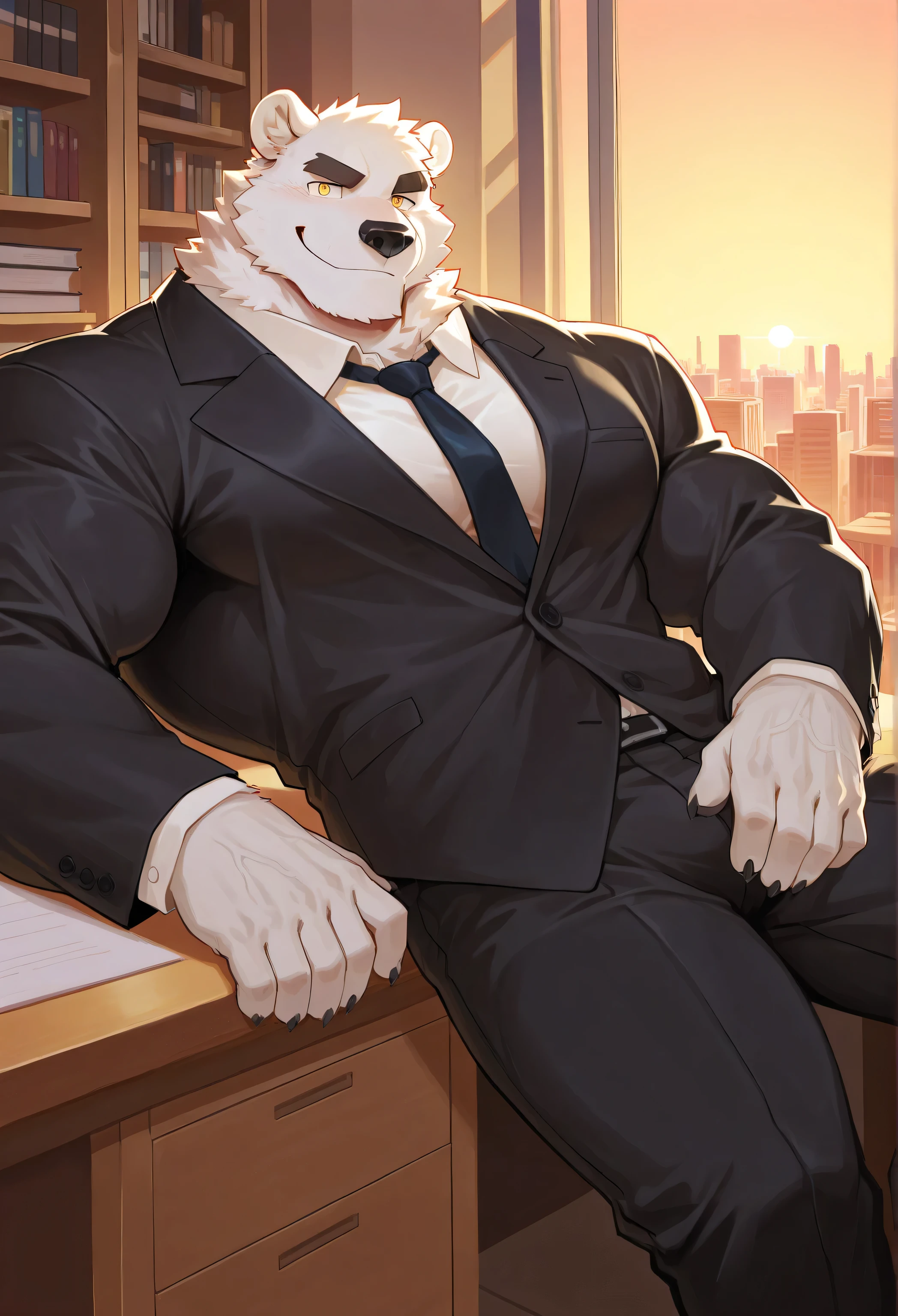(zixiong:0.5), (null-ghost:0.3), (sollyz:0.6), (takemoto arashi:0.8), makoto shinkai style, anime style, japanese anime, very awa, masterpiece, best quality, year 2024, highres, absurdres, (kemono, bara), anthro male bear, white bear, white fur, white body, (muscular male:1.2), very huge muscles, veiny skin, strong build, business suit, black suit, office wear, warm smile, friendly expression, (front view:1.3), looking at viewer, (leaning back against desk:1.3), (hands gripping desk edge:1.2), (golden eyes:1.3), beast hands with five fingers, office, corporate setting, evening, sunset lighting through window, golden hour, indoor, office desk, computer, bookshelves, city view from window, modern office