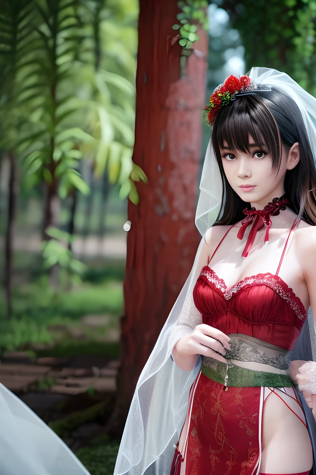 1girl,(RED theme: 1.2), (Velvet fabric Wedding dress: 1.2), (Ice flower cloak: 1.5), ,garden,moon,huge breasts,lactating,(lip gloss),(masterpiece), best quality, (real life portrait photography:1.5),unltra detailed,8K,Shot with a professional-grade camera like the Nikon D850,every intricate detail is captured, from the subtlest expression to the glimmer of anticipation in her eyes,Focus on thighs and above,,nanami