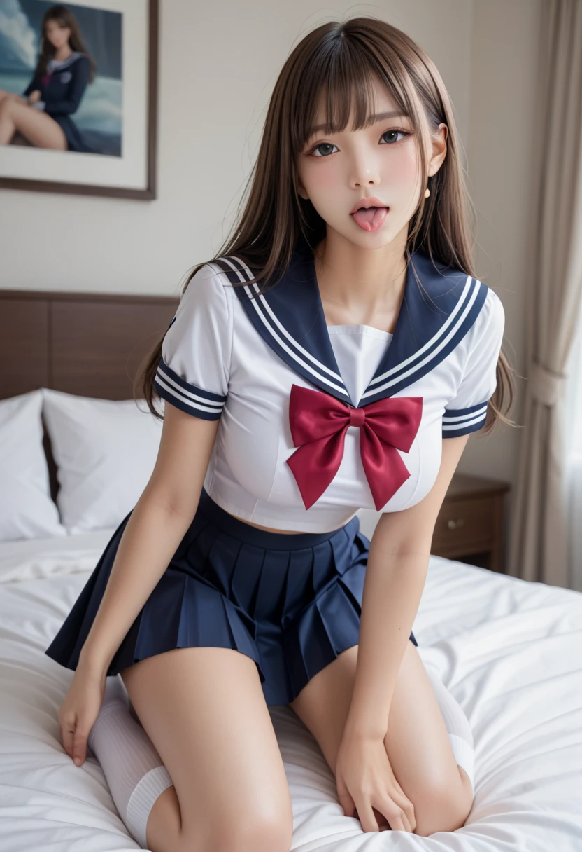 masterpiece、masutepiece、superior image quality、offcial art、Female 22 years old、Japanese student uniform、校服、Wearing a sailor suit、(skirt lift by yourself:1.5)、pleatedskirt、(Show panties:1.5)、dynamic ungle、Beautiful hands of calculation、Calculated beautiful feet