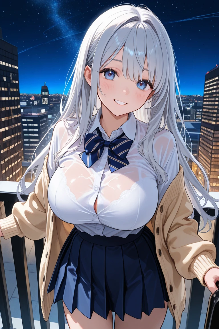 (masterpiece:1.3), (8K、best quality:1.4), (Highest image quality, intricate details, high resolution, depth field, Natural light, professional lighting), (top-quality, hight resolution), (1 girl:1.3), (solo:1.3), (Symmetrical perfect face), ( beautiful silver-haired Scandinavian girl, Very beautiful and attractive woman, beautiful silver hair、intense blue eyes, strong eye highlights), lip gloss, (cute:1.2), (natural breasts), (Natural buttocks), (healthy beautiful body:1.3), (high detail skin: 1.2), (perfect anatomy), smile, ((red ribbon tie, high , dark blue long sleeve jacket、white shirt、navy blue flared skirt))、((正面ややfrom below見上げるカメラアングル))、(skirt lift)、(grab the skirt、accurate hands、five fingers)、((The wind flips my skirt and reveals my pants.))、((skirt lift、detailed panties、beautiful thighs))、cute下着、((detailed panties))、from below、((from the front))、Angle from feet、Angle from below、soft backlight、soft light、柔らかなNatural light、Spring daytime cityscape、