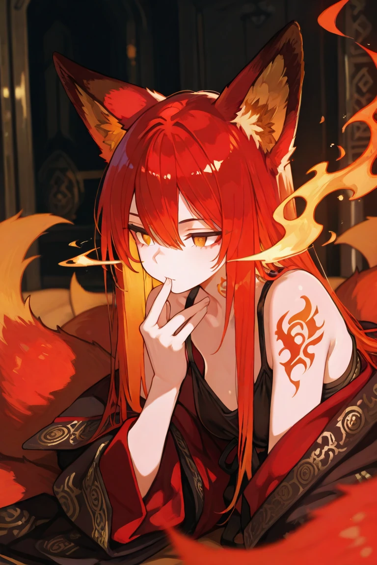 REALISTIC VISION 1.4, BETTER VAE,sharp focus, ultra detail, 32k,realistic photo, intricate details, kitsune, orange hair, oranfe eyes, intricate details ,woman, nine tails, intricate details,intricate details,big , Voluptuous body, intricate details, Miko, clothes long white dress with red details intricate details, tattoos intricate details, full body,  with a orange nine tails fox , kiuubi (kurama, naruto), angry face, backwards, looking back