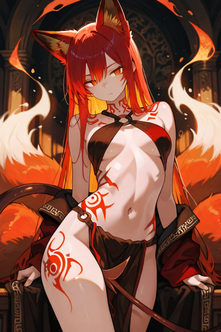 (((golden eyes)))、facial scars、hair ornaments、naked、(((red pubic hair)))、female organ、strong wind、storm、tattoo、enveloped in flames、Beautiful Girl Magician、red hair long、((whole body))、(((photo taken from below)))、darkne magic circle