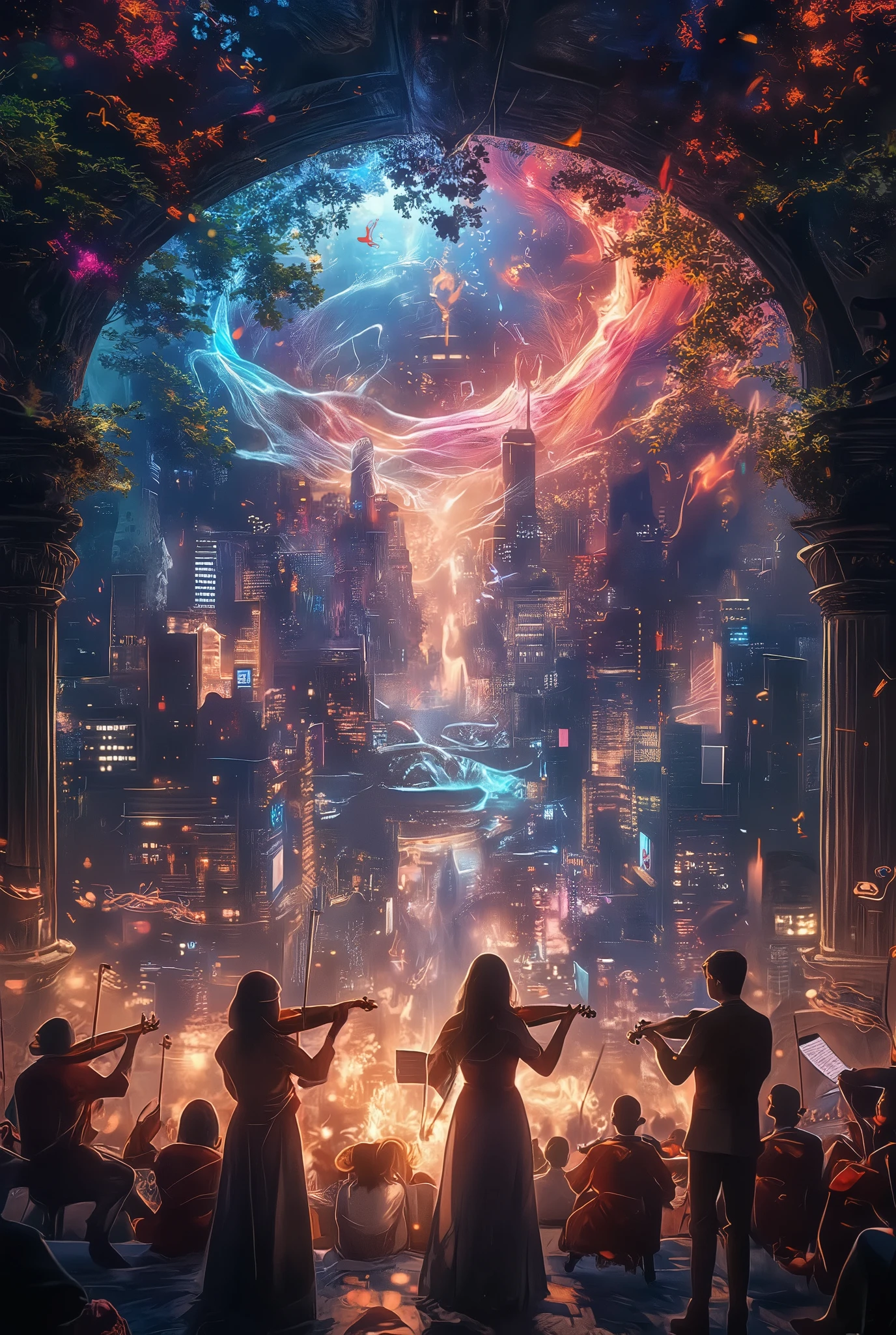 (The sounds played by beautiful violinists form a baroque concert hall, The sound emitted from the instrument changes into musical notes and overflows through the city、The background where the whole town blends seamlessly into a concert hall),
from above, Dynamic Rythm, upgrade range, extreme highest quality,
changes the deep range to color and the city is played brightly., The spectacular image that creates a forest of music imparts emotion to what you see,
high resolution,4K,ultra-detailed,professional ,Vivid Colors,bokeh effect similar to,HDR,UHD,Studio Lighting,realistic,realistic,photorealistic,