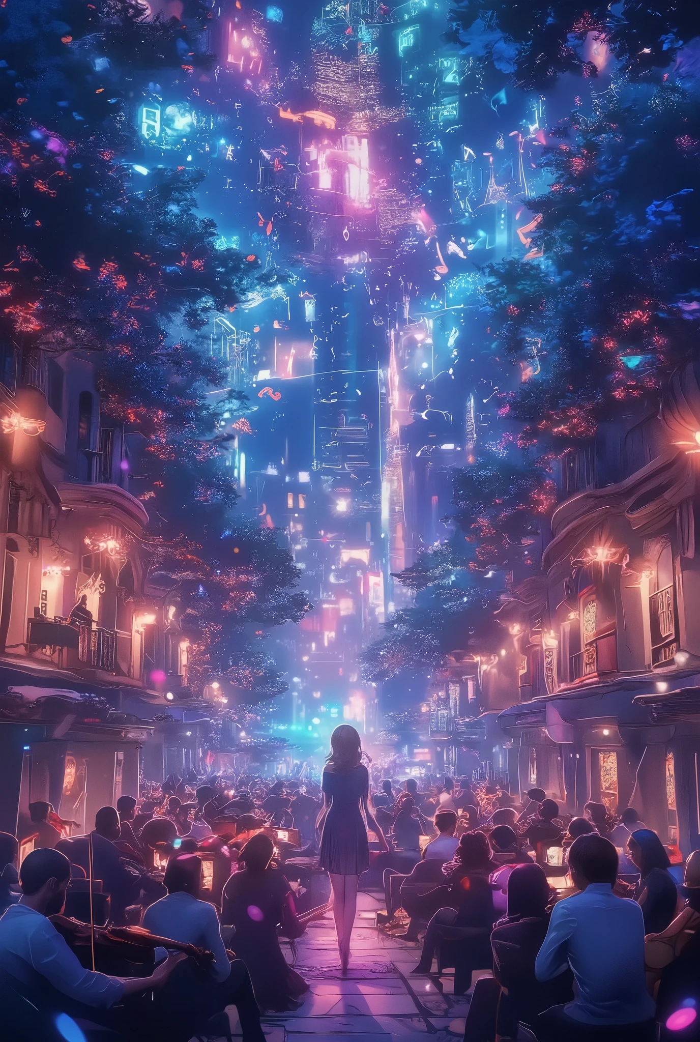 (The sounds played by beautiful violinists form a baroque concert hall, The sound emitted from the instrument changes into musical notes and overflows through the city、The background where the whole town blends seamlessly into a concert hall),
from above, Dynamic Rythm, upgrade range, extreme highest quality,
changes the deep range to color and the city is played brightly., The spectacular image that creates a forest of music imparts emotion to what you see,
high resolution,4K,ultra-detailed,professional ,Vivid Colors,bokeh effect similar to,HDR,UHD,Studio Lighting,realistic,realistic,photorealistic,