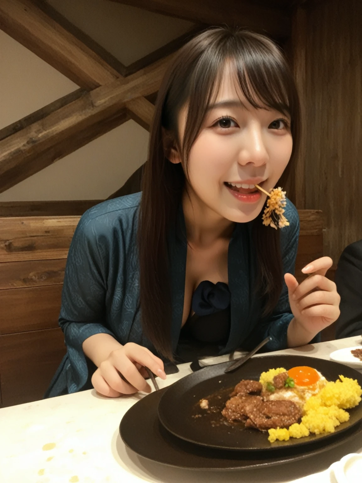 Woman sitting at table with two plates of food and a glass of water, chiho, sakimichan, sakimichan, narumi kakinouchi, With short hair, deayami kojima, restaurant!!, Chiho Ashima, harumi, Ayaka, Handsome Girl, 奈良美智