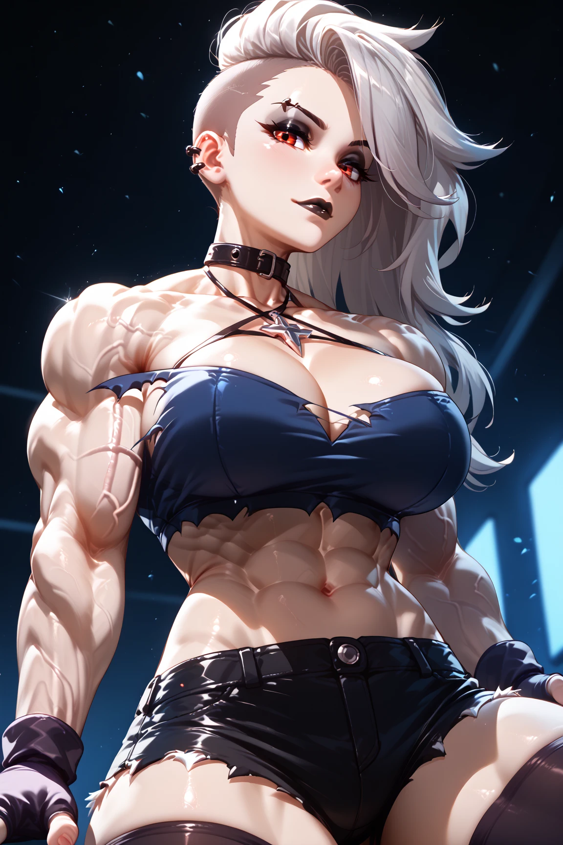 ,girl, furina (genshin impact) , muscular female, (alternate muscle size,hyper muscle),blush,shy,muscular ,biceps,muscular ,unbuttoned,bra,upper body,thick arm,,night,muscular shoulder,computer screen,keyboard